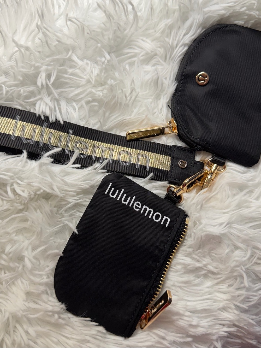 lululemon black mini crossbody pouch with gold hardware